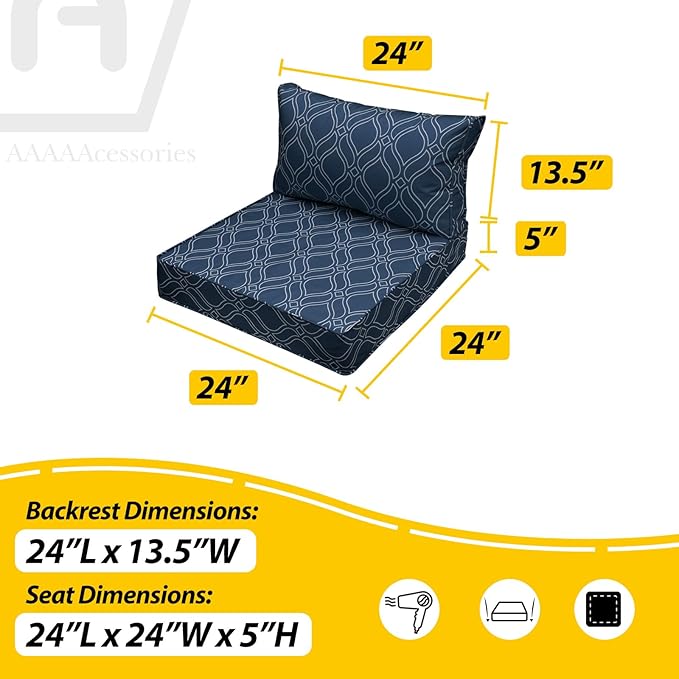 AAAAAcessories Outdoor Seat Cushions for Chairs, Fade-Resistant, Waterproof Patio Furniture Replacement Cushions, 24" x 24" x 5" + 24" x 13.5", Slate Blue Vine Trellis
