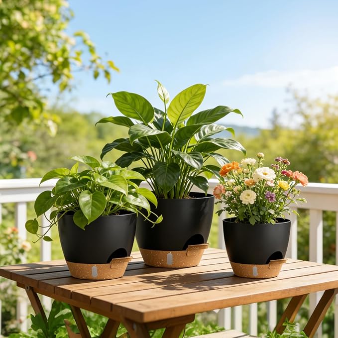 Plant Pots, 4 Pack 12/10/9/8 Inch Self Watering Pots with Drainage Holes, Water Level Indicator Deep Reservoir, Large Planters for Indoor Outdoor Plants - Black Brown