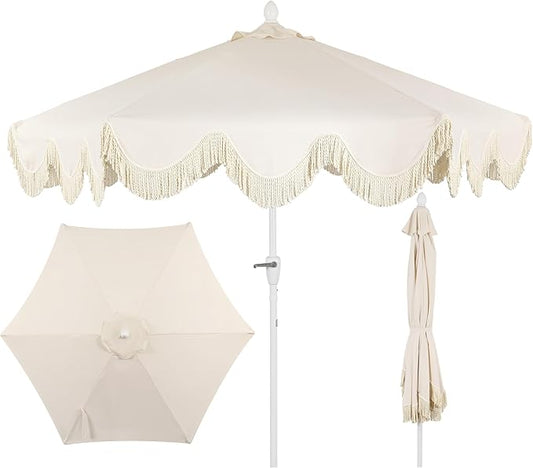 JONATHAN Y UMB1001 Collins 9 ft. Classic Cottage Tassel Market Patio Umbrella with Auto-Tilt, Crank, Wind Vent and UV Protection