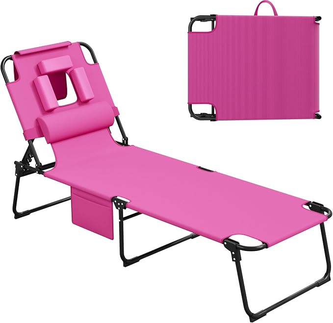 400lbs Tanning Chair with Face Hole, 5-Position Folding Chaise Lounge Chair with Side Pockets, Portable Beach Lounge Chair for Outdoor Sunbathing Patio Pool Lawn, Pink