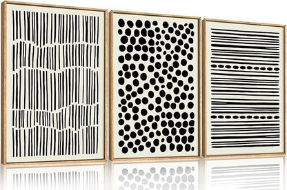KAIRNE Abstract Black and White Framed Canvas Wall Art Set, Modern Geometric Wall Decor, Minimalist Line Art Prints, Neutral Boho Dots Artwork for Living Room, Bedroom, Farmhouse, Office -24"x36"x3