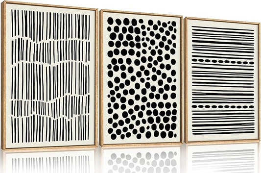 KAIRNE Abstract Black and White Framed Canvas Wall Art Set, Modern Geometric Wall Decor, Minimalist Line Art Prints, Neutral Boho Dots Artwork for Living Room, Bedroom, Farmhouse, Office -24"x36"x3