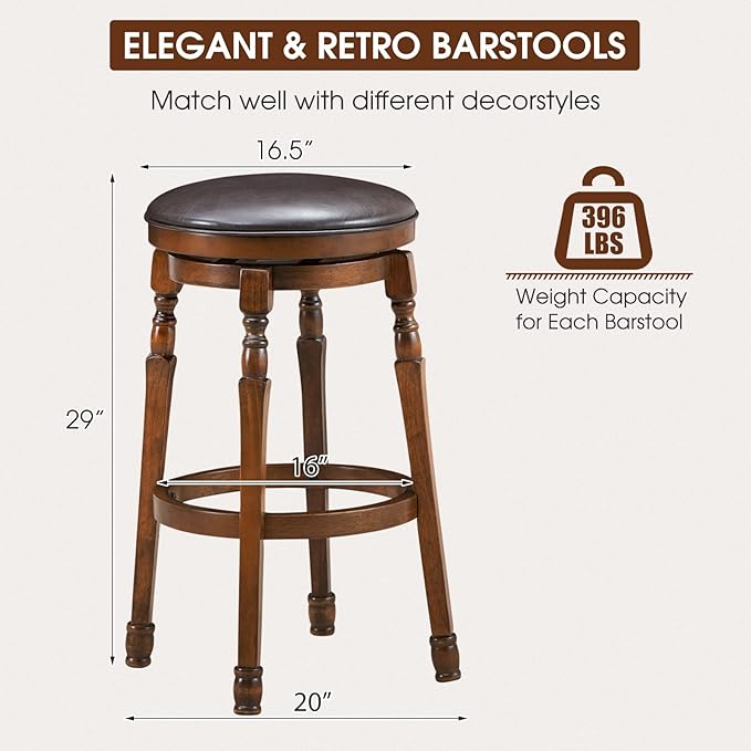 ERGOMASTER 29 Inch Swivel Bar Stools Set of 2, Rubber Wood, Brown