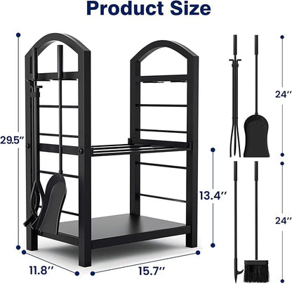 AMAGABELI GARDEN & HOME Firewood Rack Indoor with Tools 5-Piece Fireplace Tools Set Wood Holder Outdoor Wrought Iron Log Holder Firewood Storage Rack for Fireplace,Fire Pit,Wood Stove Black
