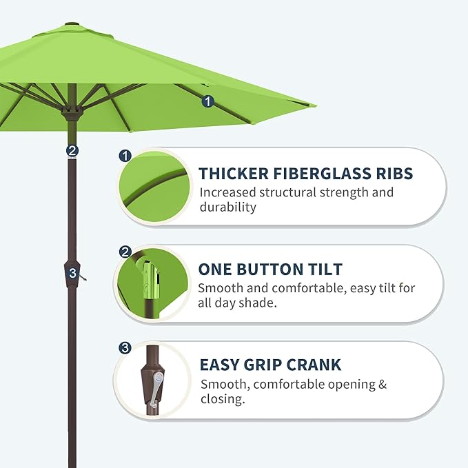 PatioKingdom 10FT Patio Umbrella with Push Button Tilt and Crank, Outdoor Market Umbrella with 8 Fiberglass Ribs, UV Protection Table Umbrella for Pool,Backyard,Garden,Deck(Apple Green, 10FT)