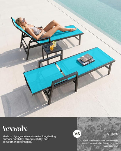 Vexwalx Patio Chaise Lounge Chair Outdoor with Wheels&Armrests, Aluminum Pool Lounge Chairs 5-Position Adjustable Recliner, Outdoor Beach Lounge Chairs for Outside, Patio, Deck, Yard, Lake Blue