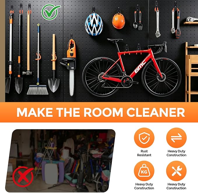 Garage Hooks 16 Pack Utility Steel Garage Storage Hooks with Anti-Slip Coating, Heavy Duty Mount Hooks for Hanging Bike, Ladder Garden Tool Organizer