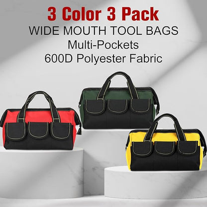 Sanwuta 3 Pack Tool Bag for Men with Waterproof Hard Bottom, Heavy Duty Tool Bag Wide Mouth Tote for Various Instrument, Electrician Carpenter Mechanic(Red, Army Green, Yellow,13 Inch,Classic)
