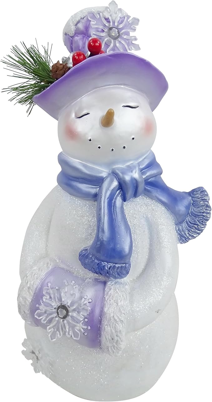 Alpine Corporation SKY560HH-S, Lavender Winter Snowman Statue w/Hand Muff, Twinkle LED Lights, Battery w/Timer, 14" H - Tabletop, Mantel, Yard, or Porch Décor, Christmas Decoration