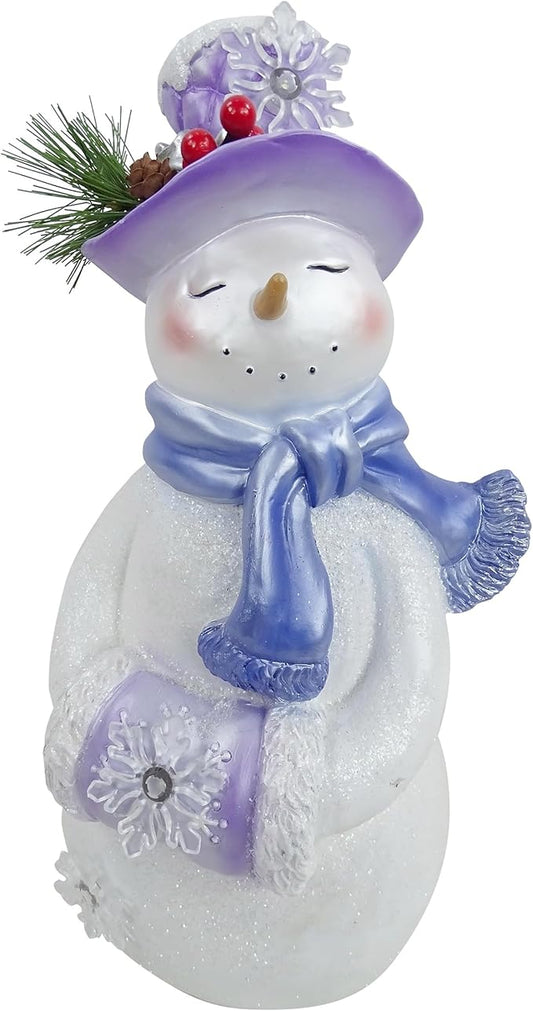 Alpine Corporation SKY560HH-S, Lavender Winter Snowman Statue w/Hand Muff, Twinkle LED Lights, Battery w/Timer, 14" H - Tabletop, Mantel, Yard, or Porch Décor, Christmas Decoration