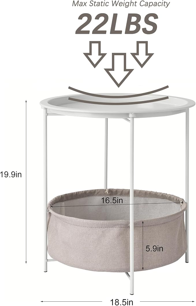 VECELO Round Side/End Table with Fabric Storage Basket，Metal Anti-Rust and Waterproof Small Bedside Nightstand with Removable Tray Top for Living Room，Balcony & Laundry，Beige/2pcs with Basket
