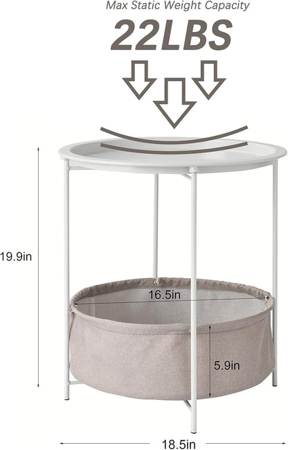 VECELO Round Side/End Table with Fabric Storage Basket，Metal Anti-Rust and Waterproof Small Bedside Nightstand with Removable Tray Top for Living Room，Balcony & Laundry，Beige/2pcs with Basket