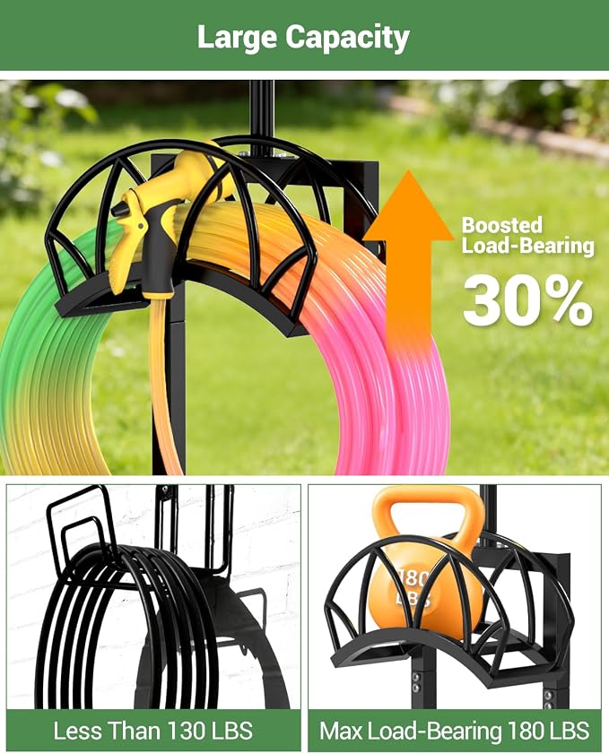 HZE Garden Hose Holder, Freestanding Water Hose Reel Stand for Outside with Solar Light, Heavy Duty Detachable Metal Storage Rack Holds 160 FT for Yard Lawn Farm, Black