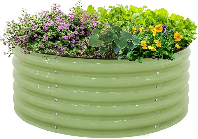 EAGLE PEAK 42'' Round 17'' Tall Raised Garden Bed Planter, Outdoor Galvanized Metal Planter Box for Vegetables, Flowers, Herbs, Olive Green