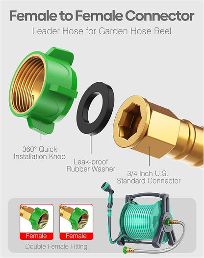 Short Metal Garden Hose 10ft with Female to Female Connector， Stainless Steel Small Leader Hose for Hose Reel, Long, Flexible, Lightweight & Heavy Duty Water Pipe, Outdoor Water Hose Extension Adapter