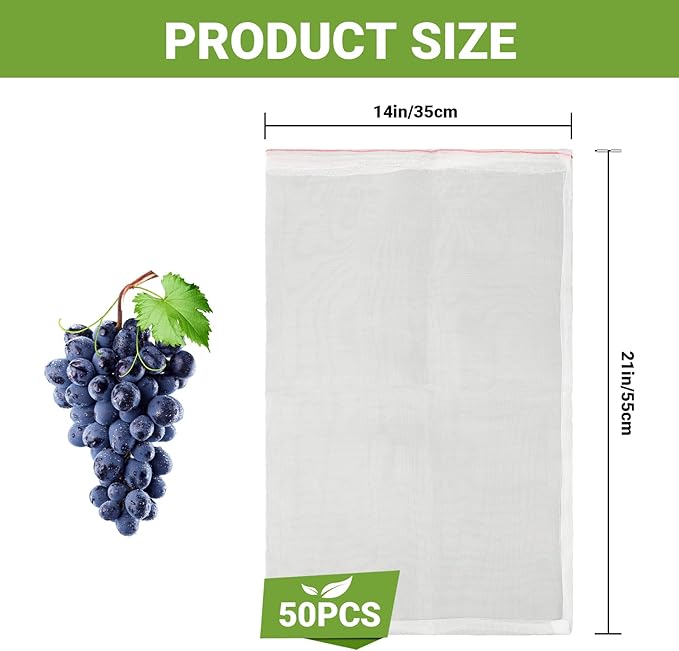 Mesh Fruit Protector Bags, 50 PCS 14x21 Inch Large Fruit Bags for Fruit Trees, Durable Garden Barrier Netting Bag Protect Watermelon Cantaloupe Mango Apricot from Insect Pest Bird