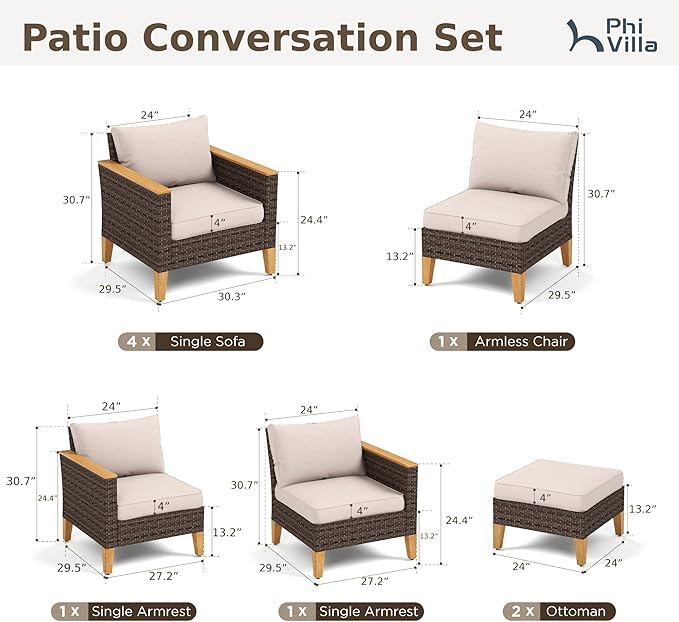 PHI VILLA 9-Piece Outdoor Wicker Furniture Set with 4-inch Thick Cushions, High Back Wicker Sofa for Deck, Yard, and Poolside in Elegant Beige (3 Seat Style)