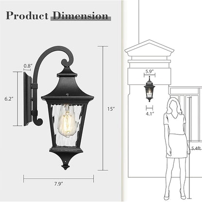 Emliviar 15 Inch Outdoor Wall Lantern Light, Porch Light for House, Hallway and Entryway, Black Finish with Water Ripple Glass, XE292B-SW BK