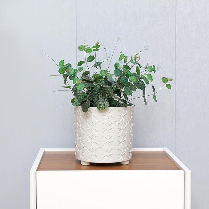 8 Inch Planter, Plant Pots with Drainage Hole, Modern Cylinder Flowerpot - Indoor & Outdoor Plants for Home & Office,White