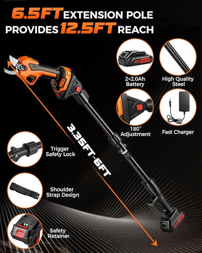 COMOWARE Electric Pruning Shears, 2-in-1 Cordless Pruner with 7ft Extension Pole, 2 × 21V 2.0Ah Battery Powered Pole Pruner, Garden Tool for Tree Trimming Branch Cutter, LCD Display