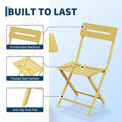GarveeTech 3-Piece Folding Bistro Set, Heavy Duty Outdoor Patio Furniture with 2 Chairs & 1 Table, Weather-Resistant Steel Frame, No Assembly Required for Garden, Yard, Balcony,Yellow