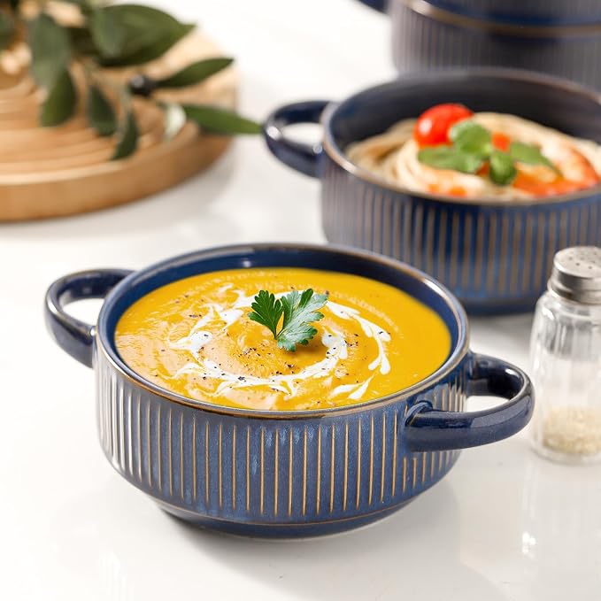 Soup Bowls with Handles, 23 oz French Onion Soup Crocks, Stackable Soup Bowl Oven Safe for Chili, Beef Stew, Embossment Ceramic Bowl Set - 5.4 Inch, Set of 4,Blue