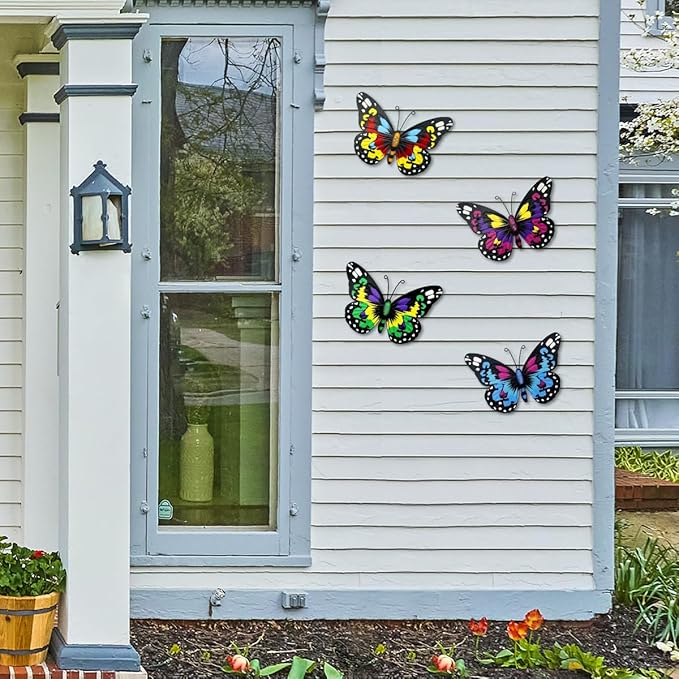 Metal Butterfly Wall Art Outdoor Decor - 4 Pack 9.8in Butterflies Wall Sculpture Hanging Decor for Home Yard Patio Garden Decoration (4 Colors)