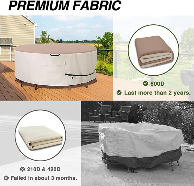 Porch Shield Round Patio Furniture Cover - Waterproof 600D Heavy Duty Outdoor Table and Chairs Cover 108 inch, Light Tan & Khaki