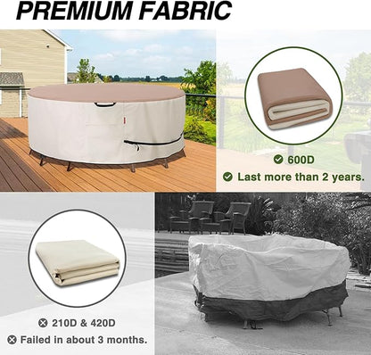 Porch Shield Round Patio Furniture Cover - Waterproof 600D Heavy Duty Outdoor Table and Chairs Cover 108 inch, Light Tan & Khaki