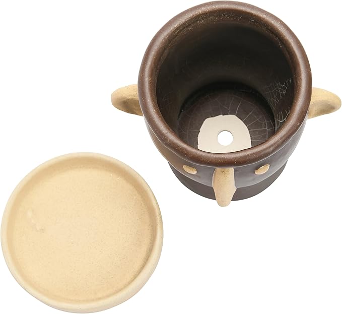 Creative Co-Op Stoneware Face Planter with Saucer, Brown & Cream Color, Holds 4" Pot