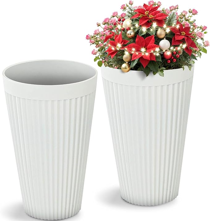 20" Resin Planters Large Matt Flower Pots Outdoor Set of 2 Indoor Pots for Plants with Handmade Fluted Texture Heavy-Duty Garden Pot with Drainage Hole for Patio, Porch or Living Room, White