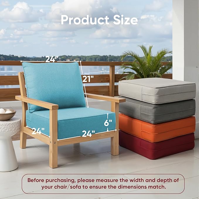 Outdoor Chair Cushions Set of 2, Waterproof 24x24 Patio Chair Cushions, 6" Thickened Seat Cushion for Outdoor Furniture, Couch Cushion Replacement, Include 2 Back & 2 Seat Cushion, Thick/CyanBlue