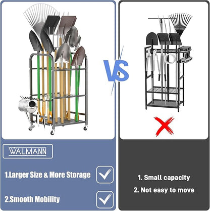 WALMANN Garden Tool Organizer with Wheels for Garage, Rakes/Shovels/Yard Tools Stand for Garden, Shed, Indoor/Outdoor Long-Handled Tools Rolling Cart(Small)