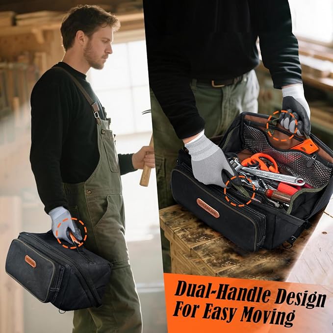 WELKINLAND LayFlat Tool Pouch Organizer, 13-Inch Small Tool Bag, Heavy-Duty Waxed Canvas Tool Pouch, 5-Pocket Small Tool Bags with Zipper, Wide-Open Electrician Tool Bag