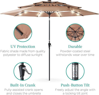 Best Choice Products 10ft 3-Tier Solar Patio Umbrella, Outdoor Market Sun Shade for Backyard, Deck, Poolside w/ 24 LED Lights, Tilt Adjustment, Easy Crank, 8 Ribs - Tan