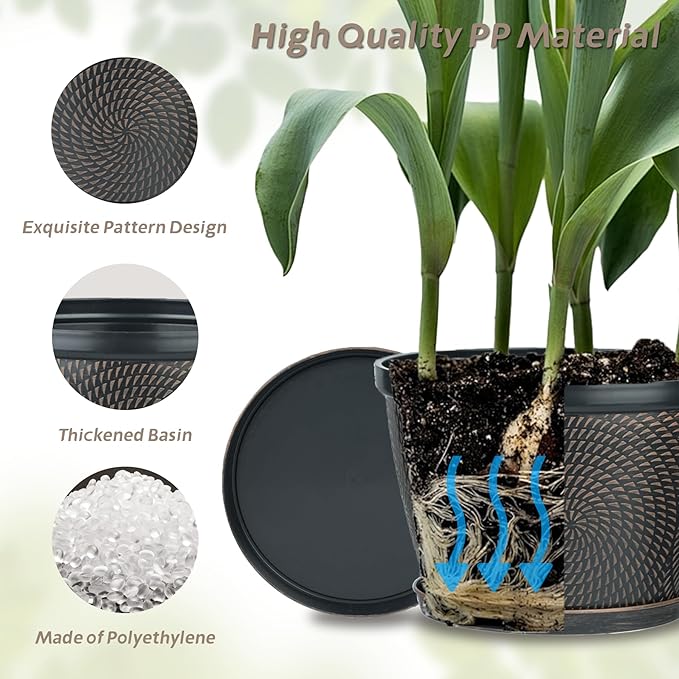 Quarut 4 Pack 8 Inch Flower Pots for Outdoor Indoor, Plastic Plant Pots with Drainage Hole & Saucer, Lightweight Small Flower Pot, Circle Pattern Planters for Garden House planters（Black Copper）