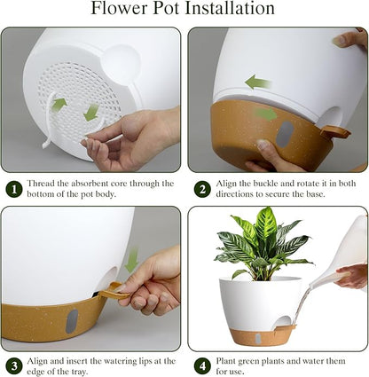 Plant Pots, 4 Pack 12/10/9/8 Inch Self Watering Pots with Drainage Holes, Water Level Indicator Deep Reservoir, Large Planters for Indoor Outdoor Plants - White Brown