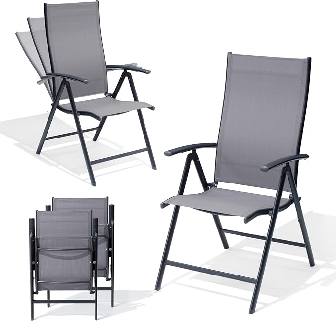 Crestlive Products Folding Patio Chairs Set of 4, 7-Level Adjustable Recliner Chairs Foldable Outdoor Lawn Chairs for Pool, Backyard,Gray