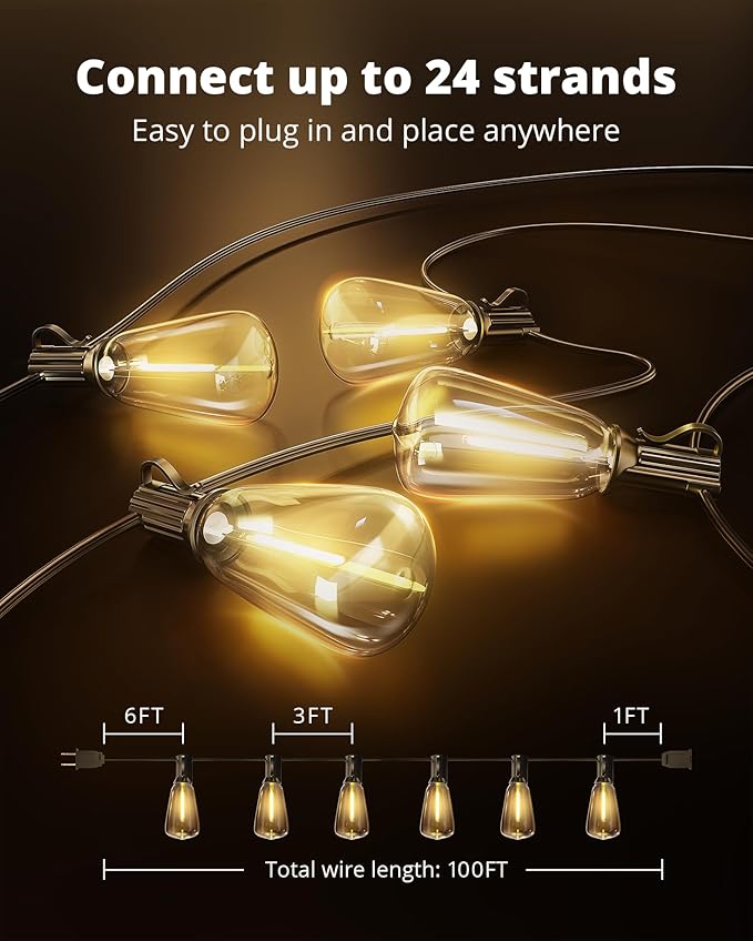 VIPAR LED Outdoor String Lights, 100FT Patio Lights with 32 Edison Shatterproof Bulbs, IPX5 Waterproof Outside Hanging Light Connectable for Backyard Porch Balcony Garden Deck Decor, E12 Base, Black