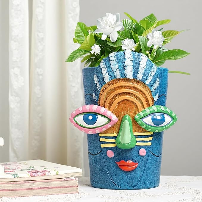 Picasso Abstract Face Flower Pot,Plant Pot with Facial Expressions,Handmade Resin Plant Pot with Drainage Holes,for Indoor and Outdoor Botanical Home décor (Blue Small)