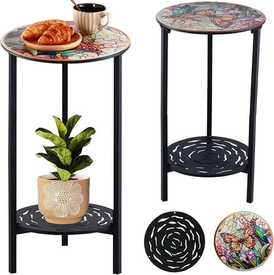 2 Packs Two-Tier Metal Round Side Table Set of Two Black Accent Coffee Tables Small Space Corner Plant Stand Shelf for Indoor Outdoor Use Patio Balcony End Table Weather-Resistant
