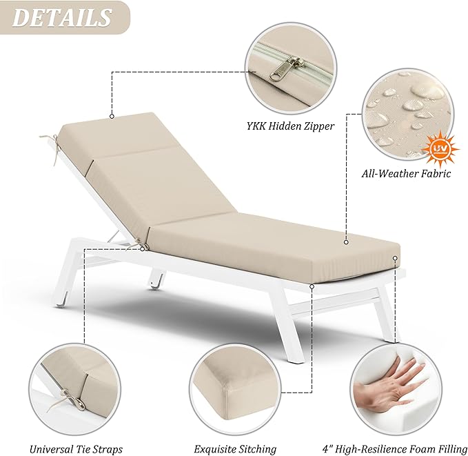 Chaise Lounge Cushion for Outdoor Furniture, Waterproof Fade and Tear Resistant Lounge Deck Chair Cushions for Patio Lawn Pool Resort Hotel