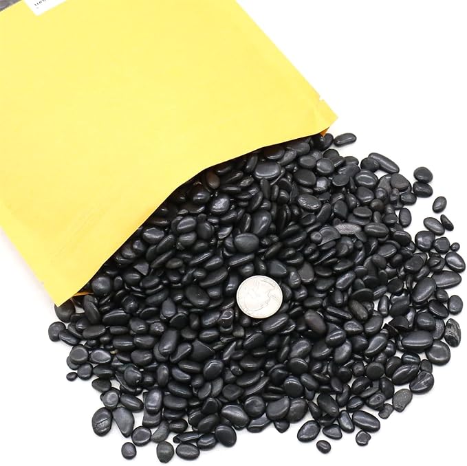 Black Rocks for Plants. Black Decorative Polished Pebbles. 1/5 Inch – 5 lbs. for Plants, Garden, Landscaping, Vase fillers, Succulents, pots (Mini (0.2 Inch), Black -Polished, 5)