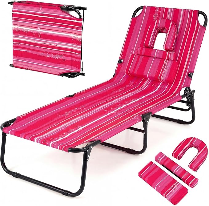 Giantex Tanning Chair, 350lbs Adjustable Patio Lounge Chair w/Face Hole, Removable Pillows, Carry Strap, Folding, Outdoor Chaise Lounge for Layout Beach Poolside Lawn (1, Stripe Pink)
