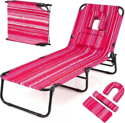 Giantex Tanning Chair, 350lbs Adjustable Patio Lounge Chair w/Face Hole, Removable Pillows, Carry Strap, Folding, Outdoor Chaise Lounge for Layout Beach Poolside Lawn (1, Stripe Pink)