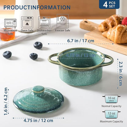 12 oz Mini Cocotte Set of 4, Ceramic Casserole Dishes with Lids & Handles | Reactive Glaze, Individual Baking & Serving, Ideal for Pot Pies, French Onion Soup, Casseroles & Baked Pasta, Oven Safe