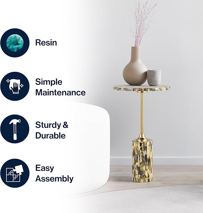 JONATHAN Y END1001A Hedda 23.5" Contemporary Glam Metal/Resin Faux Stone Round End Table, Yellow/Black Drink Table for Living Room, Bedroom, Office, Bathroom