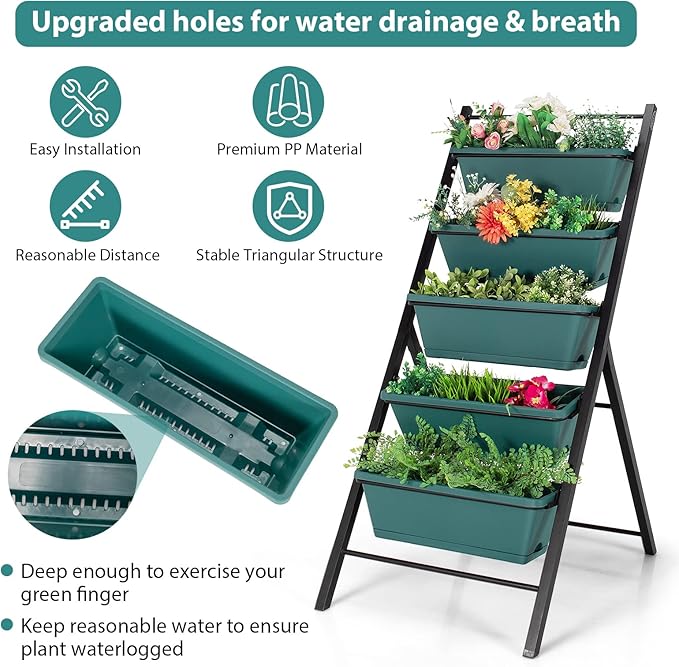 Giantex Set of 2 Vertical Planter Raised Bed, Elevated Garden Beds with Water Drainage Hole, Freestanding 5 Container Boxes for Herb Vegetables Flowers Growing, Outdoor Indoor Patio Balcony