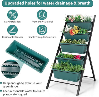 Giantex Set of 2 Vertical Planter Raised Bed, Elevated Garden Beds with Water Drainage Hole, Freestanding 5 Container Boxes for Herb Vegetables Flowers Growing, Outdoor Indoor Patio Balcony