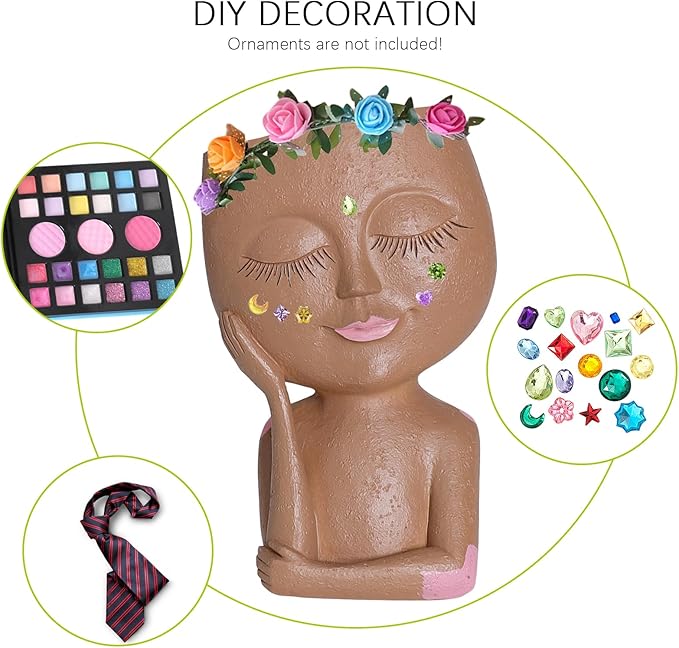 Cute Girl Face Plant Pot Resin Succulent Flower Pot Head Planter Pot for Home Decor Large Plant Holder with Drainage Hole for Indoor and Outdoor